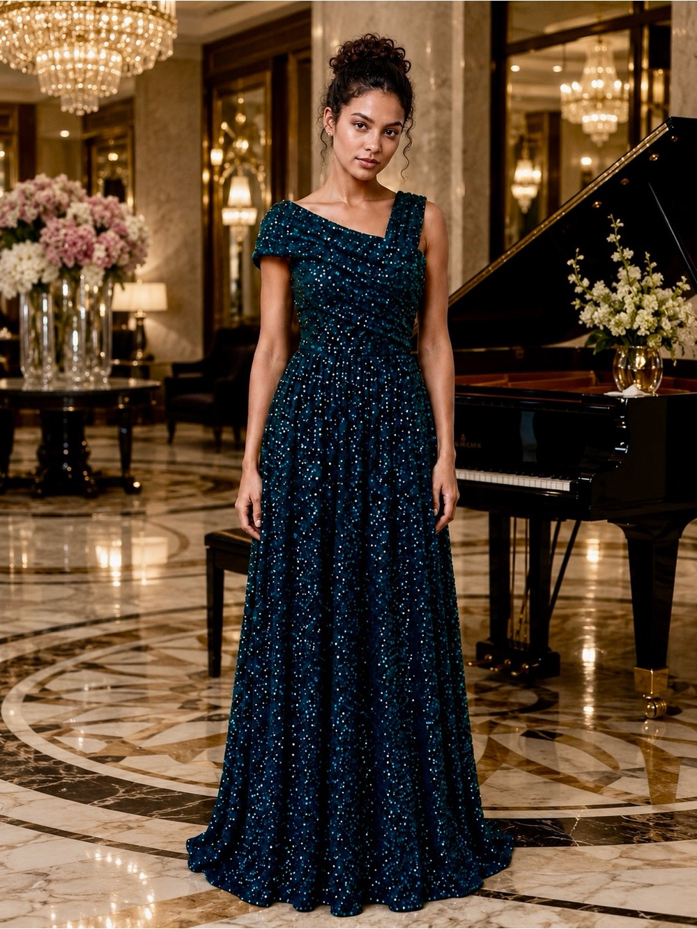 #18-15 Dark Teal blue velvet sequins one-shoulder maxi dress-Medium- Size 10